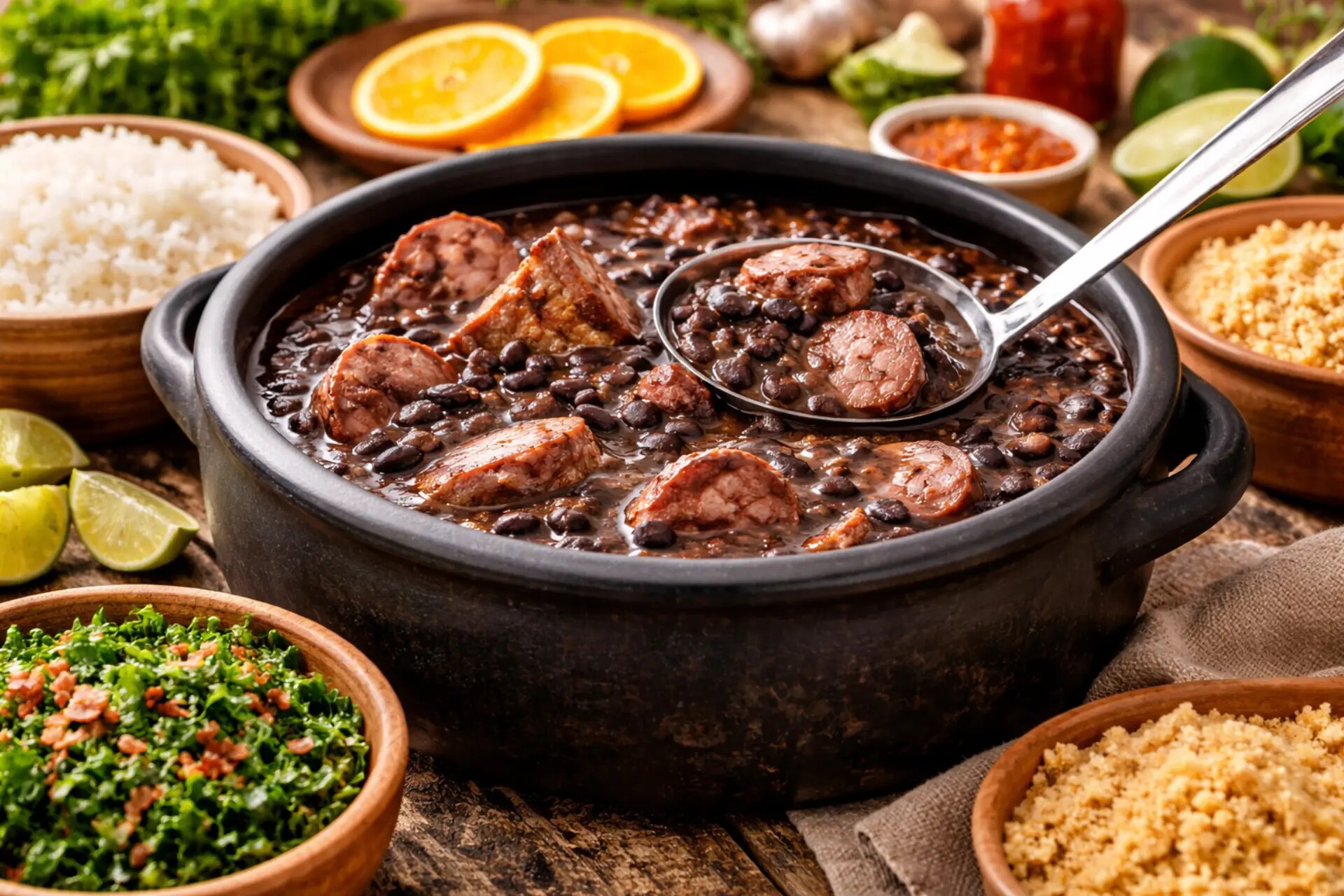 Feijoada em panela de barro com arroz, farofa, couve, laranja e limão