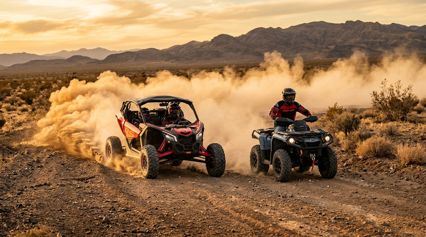 UTV e quadriciclo acelerando lado a lado em trilha de terra, levantando poeira ao amanhecer